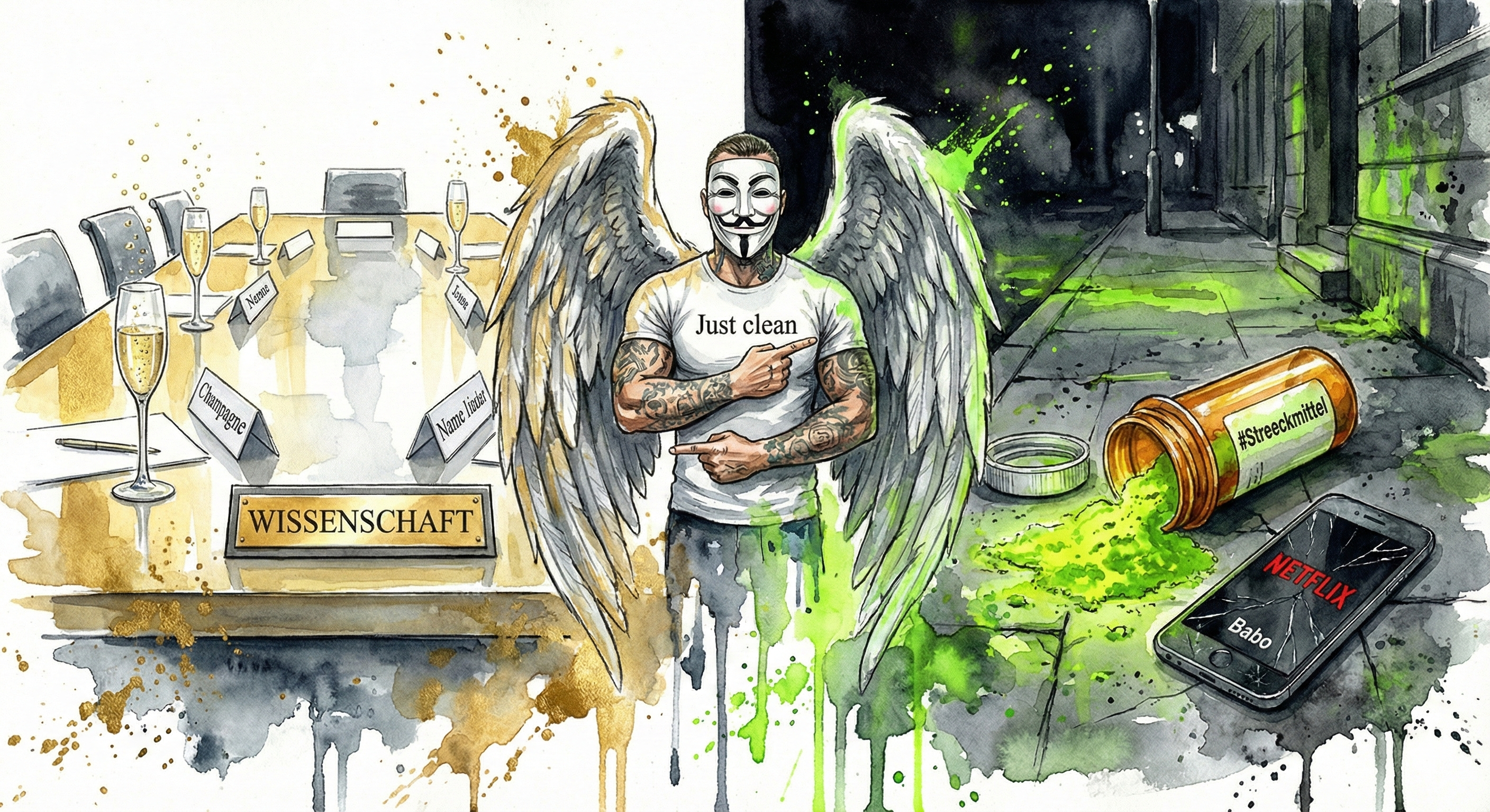 NeelixberliN zeigt den Kontrast: Links Champagner auf dem Politik-Forum, rechts gestreckte Drogen (#Streeckmittel) auf der Straße.