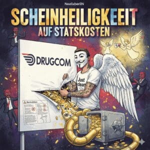 Titelbild "Scheinheiligkeit auf Staatskosten". Die NeelixberliN-Figur reißt ein Drugcom-Warnplakat herunter und enthüllt dahinter den Geldfluss der Alkoholsteuer in die Staatskasse.