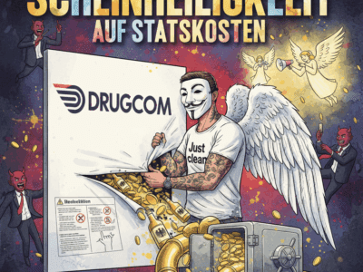 Titelbild "Scheinheiligkeit auf Staatskosten". Die NeelixberliN-Figur reißt ein Drugcom-Warnplakat herunter und enthüllt dahinter den Geldfluss der Alkoholsteuer in die Staatskasse.
