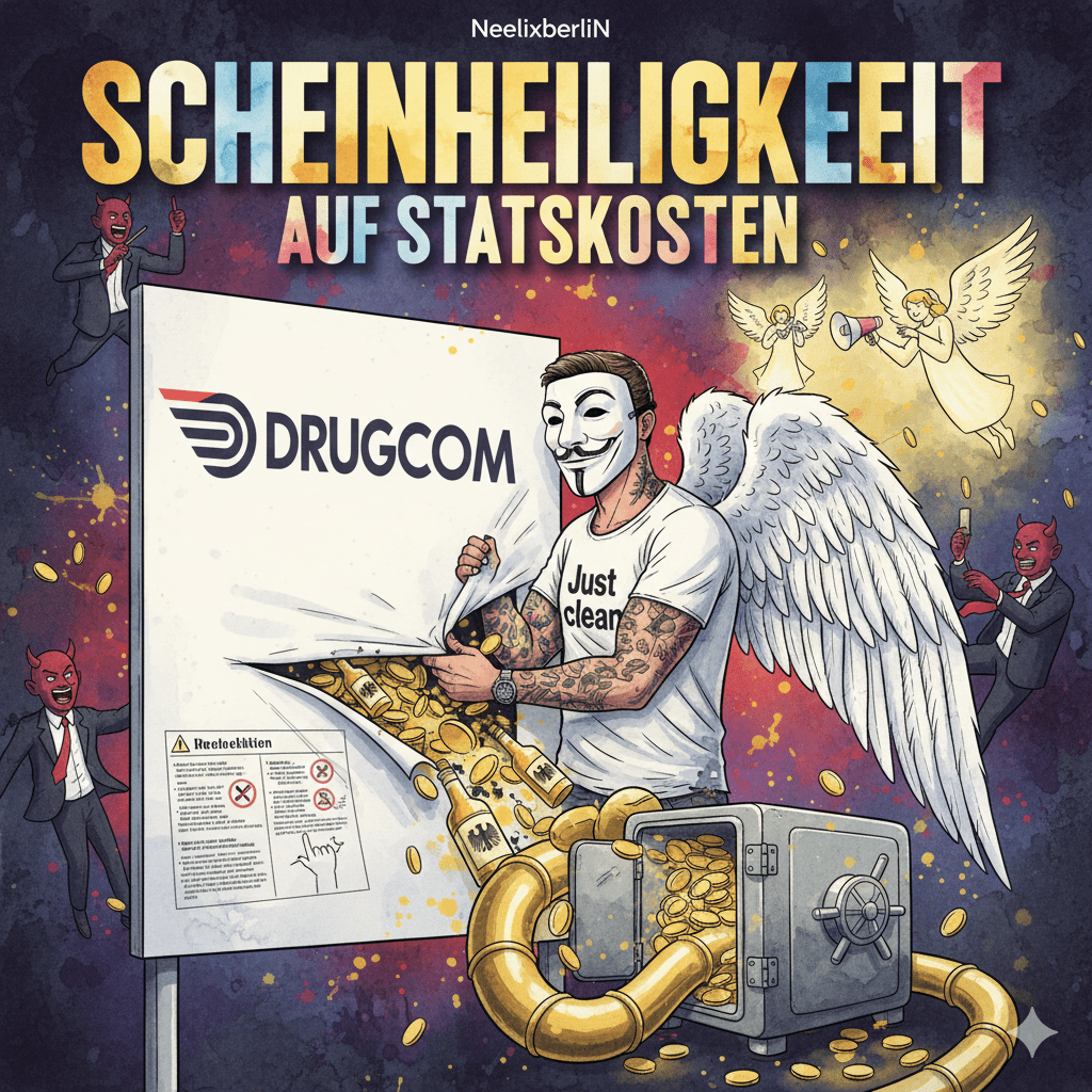 Titelbild "Scheinheiligkeit auf Staatskosten". Die NeelixberliN-Figur reißt ein Drugcom-Warnplakat herunter und enthüllt dahinter den Geldfluss der Alkoholsteuer in die Staatskasse.