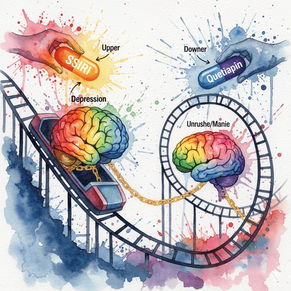Ein Gehirn auf einer Achterbahn, das SSRI als "Upper" und Quetiapin als "Downer" bekommt. Symbol für den legalen Drogenkreislauf mit Antidepressiva.