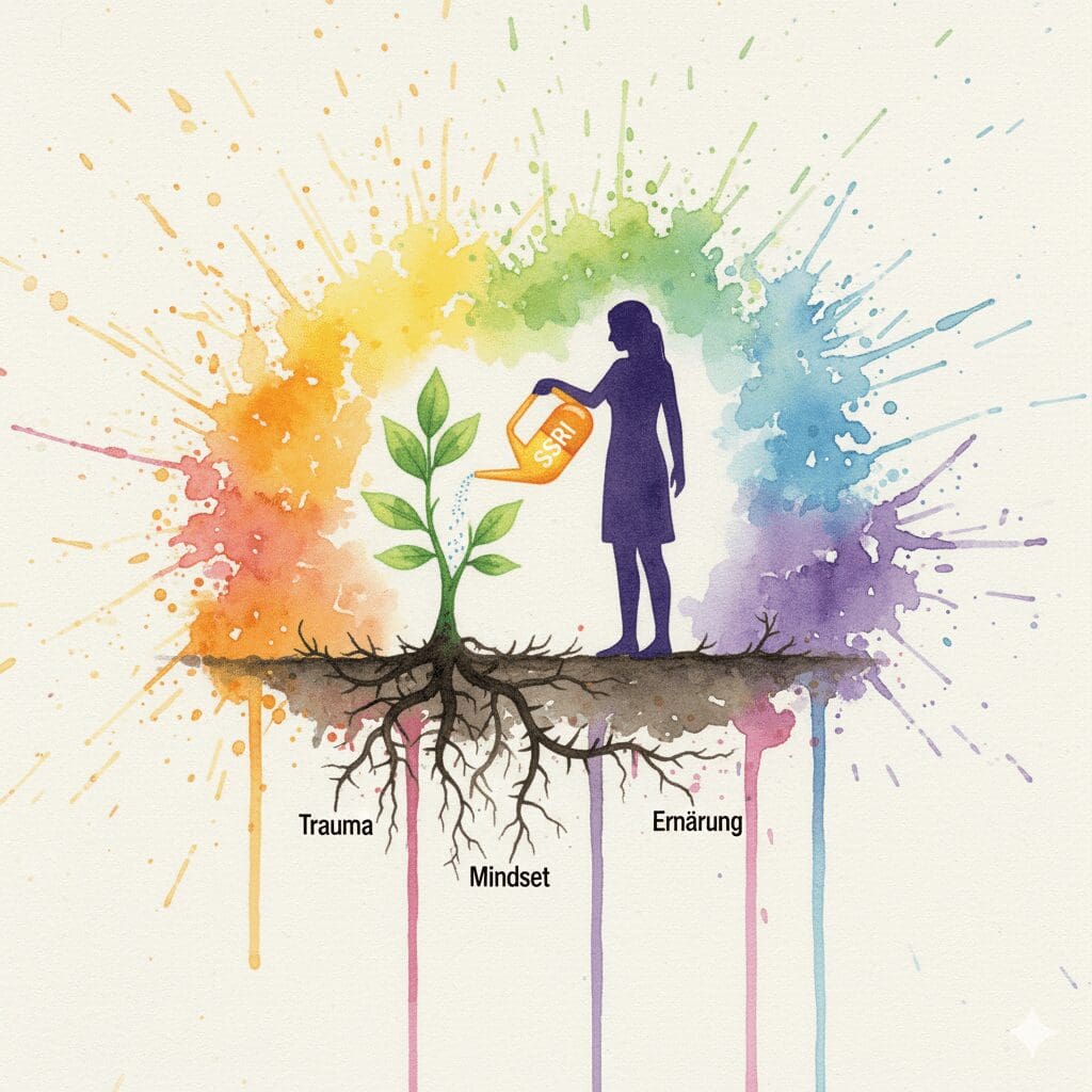 Eine Person gießt das Symptom (eine Pflanze), während die Wurzeln (Trauma, Mindset) ignoriert werden. Symbol für die Symptombekämpfung durch Antidepressiva.