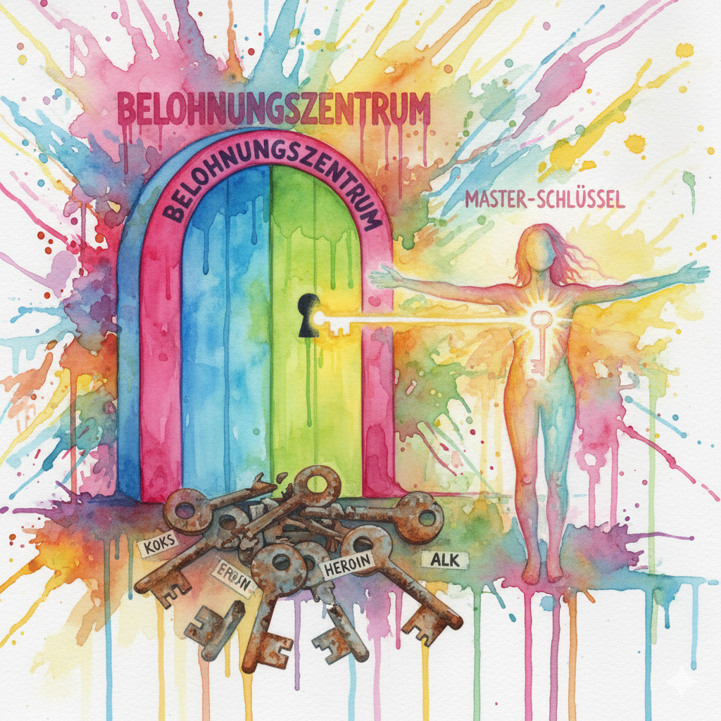 Eine Person erkennt, dass sie selbst der Master-Schlüssel zu ihrem Gehirn ist und nicht die rostigen Schlüssel (Drogen). Symbol für die körpereigene Drogenproduktion.