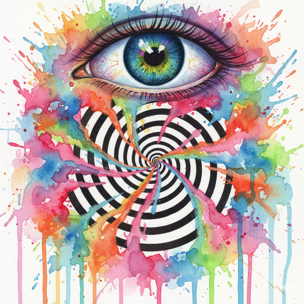 Ein Auge starrt auf eine Spirale, die psychedelische Effekte erzeugt. Symbol für optische Illusionen, die wie Drogen wirken.