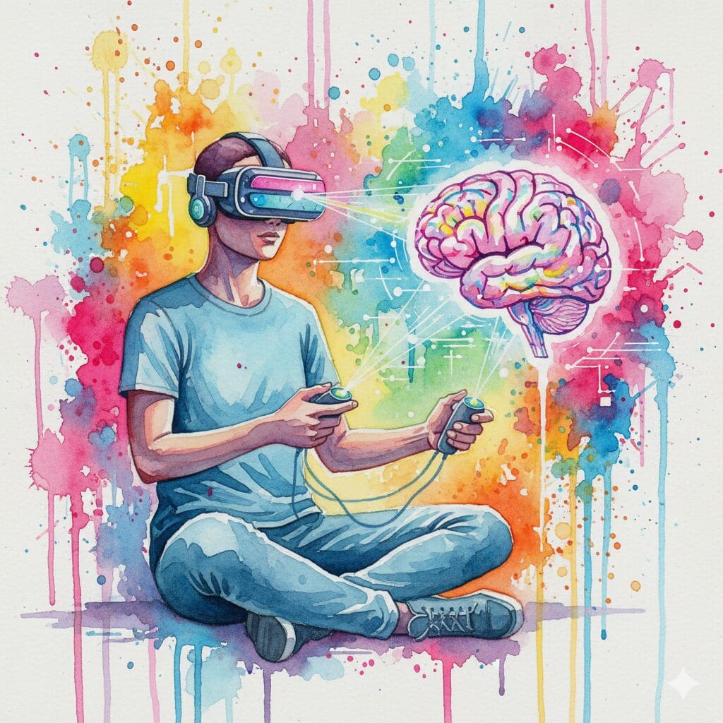 Eine Person mit VR-Brille "programmiert" ihr eigenes Gehirn. Symbol für die Zukunft der Suchthilfe durch VR und AR, die NeelixberliN-Vision.