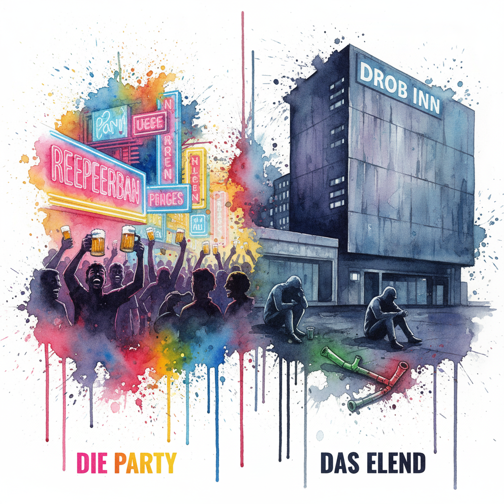 Geteiltes Bild: Links die Reeperbahn-Party, rechts die Drogenszene vor dem Drob Inn. Symbol für die gespaltene Realität Hamburgs.