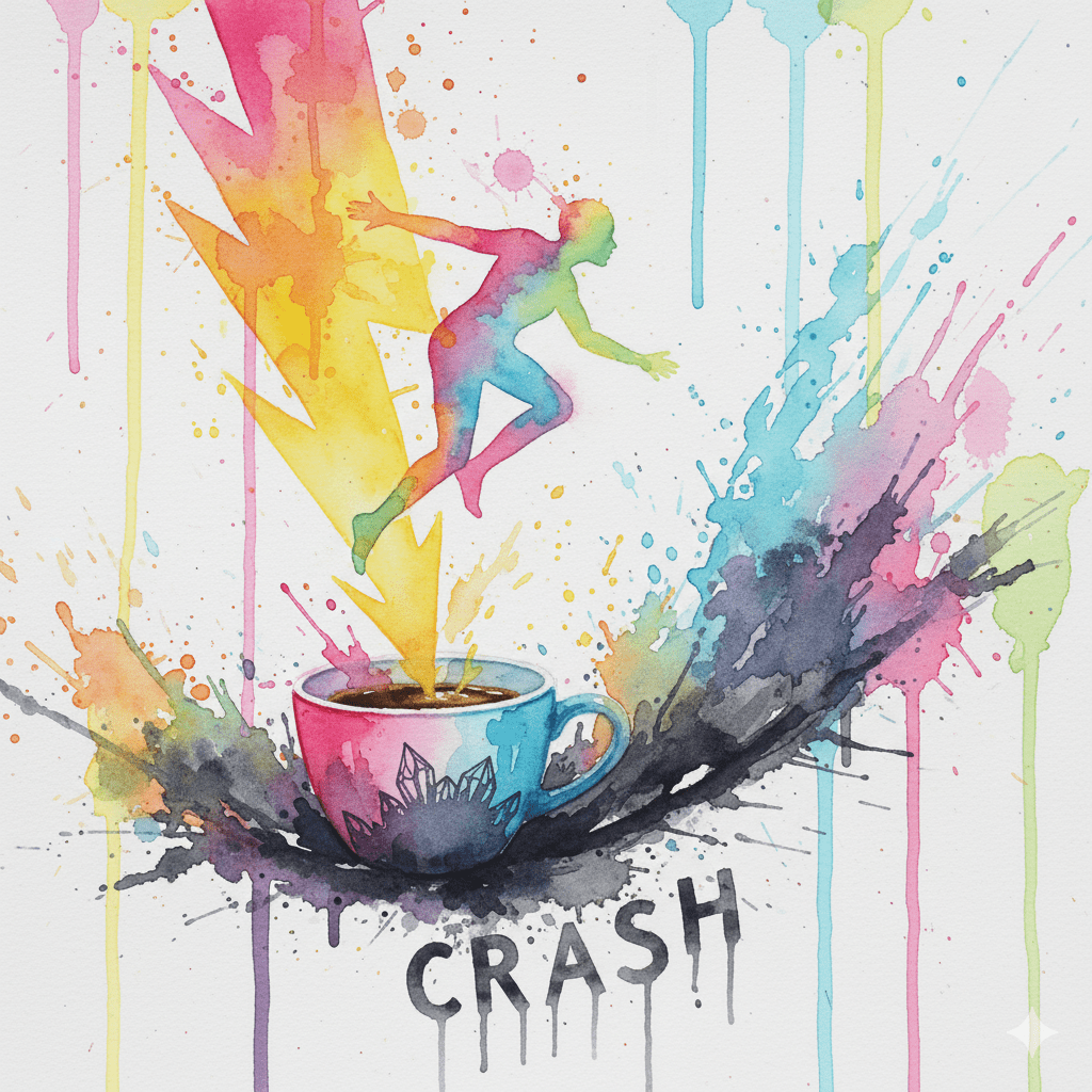 Eine Person erlebt ein extremes Hoch und einen tiefen Crash durch Koffein. Symbol für die Adrenalin-Achterbahn und die Koffein-Lüge.