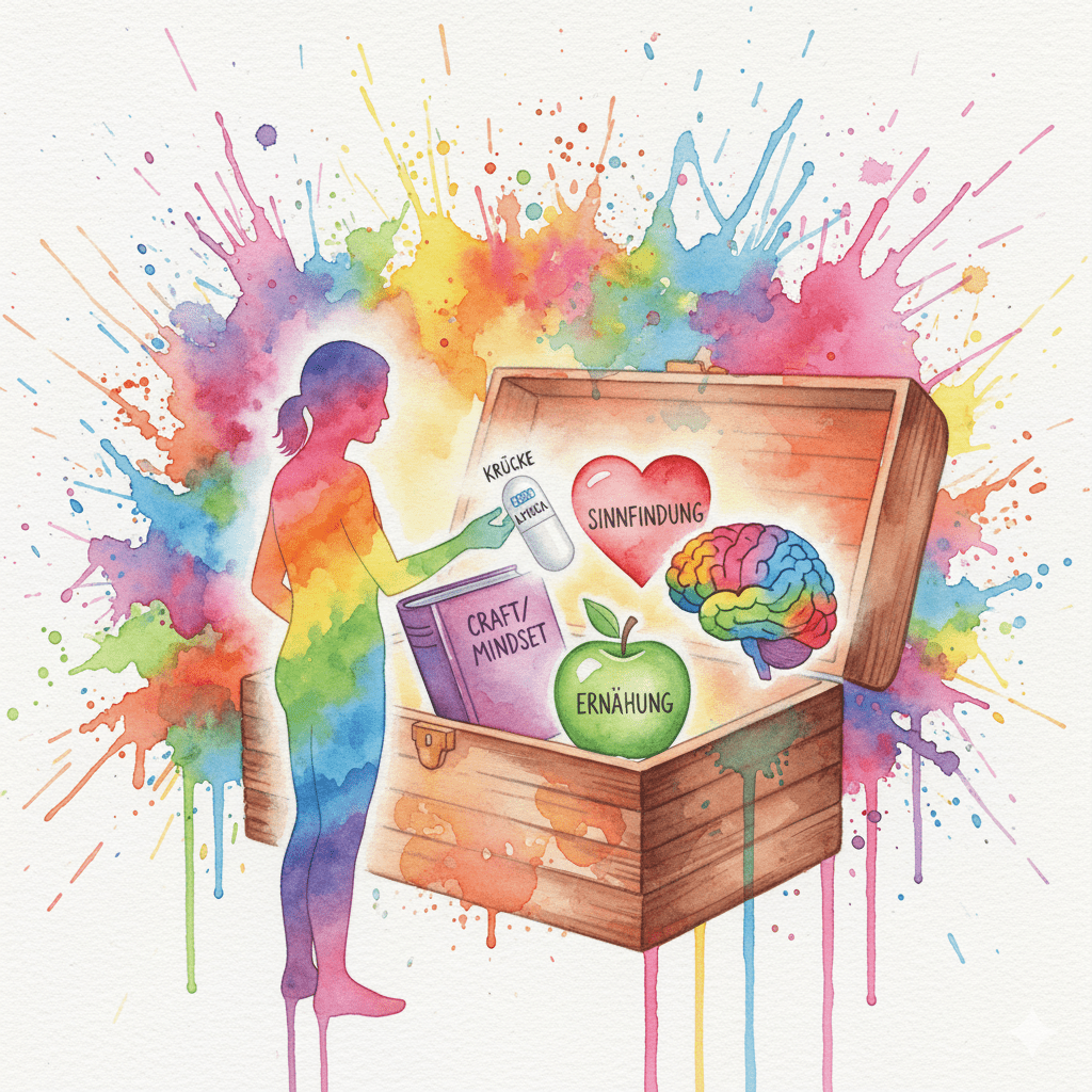 Eine Pille wird als kleines Werkzeug in einen großen Hilfekasten mit Mindset-, Therapie- und Ernährungs-Symbolen gelegt. Symbol für einen ganzheitlichen Ansatz.