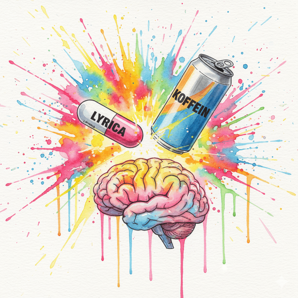 Eine Lyrica-Pille und eine Energy-Dose verschmelzen zu einem "legalen Speedball", der ein Gehirn flutet. Symbol für den Missbrauch von Pregabalin mit Koffein.