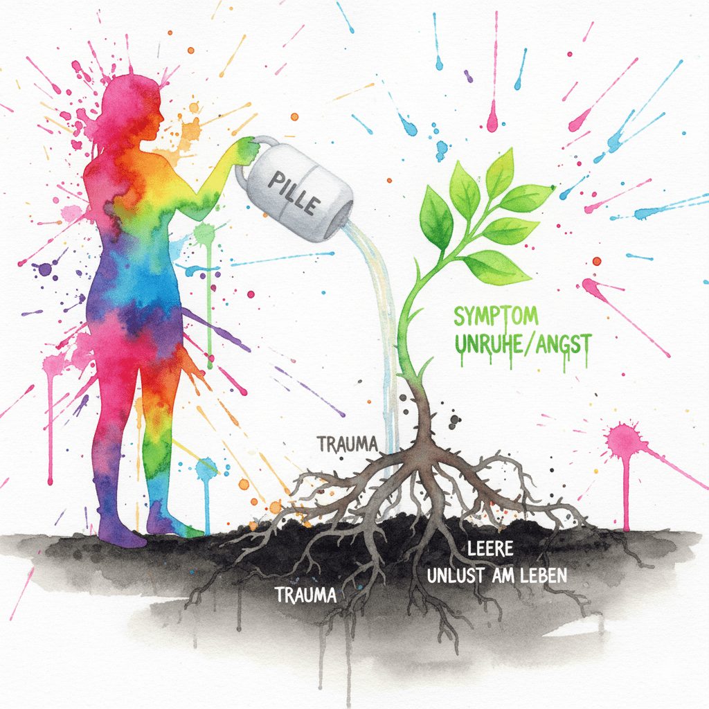 Eine Person gießt das Symptom (eine Pflanze), während die Wurzeln (Trauma, Mindset) ignoriert werden. Symbol für die Symptombekämpfung durch Lyrica.