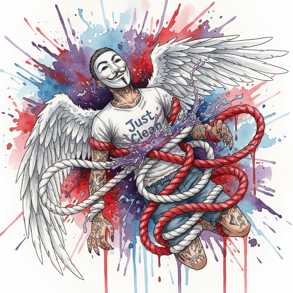 NeelixberliN-Figur wird von einem Seil aus Kokain und einem Seil aus Alkohol gleichzeitig gefesselt, was den Kontrollverlust beim Mischkonsum symbolisiert.