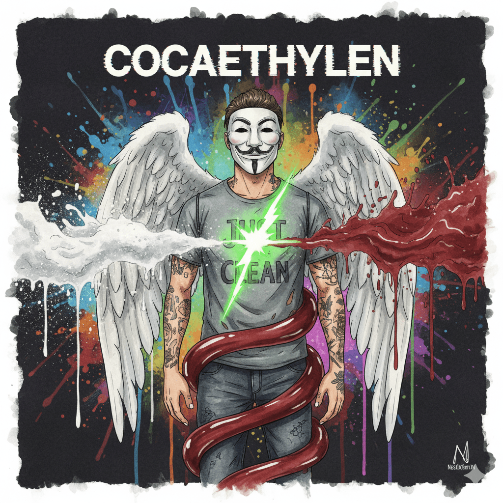 Titelbild zum Thema Cocaethylen mit der NeelixberliN-Figur (Anonymous-Maske, Engelsflügel, "Just Clean"-Shirt). Kokain und Alkohol umströmen die Figur und erzeugen in ihrer Brust einen giftgrünen Blitz, der Cocaethylen symbolisiert. Oben steht der Titel "COCAETHYLEN".