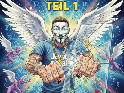 NeelixberliN-Figur zerschlägt einen Screen mit einem stilisierten Rapper und Netflix-Symbol. Titelbild zur Kritik an der Haftbefehl-Doku & Kokain-Verherrlichung. "DIE GLAMOUR-LÜGE TEIL 1"