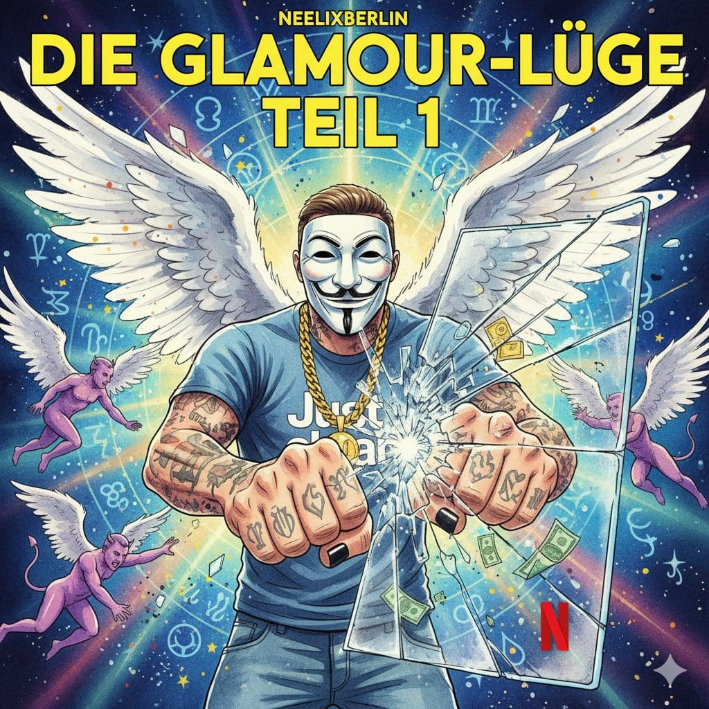 NeelixberliN-Figur zerschlägt einen Screen mit einem stilisierten Rapper und Netflix-Symbol. Titelbild zur Kritik an der Haftbefehl-Doku & Kokain-Verherrlichung. "DIE GLAMOUR-LÜGE TEIL 1"