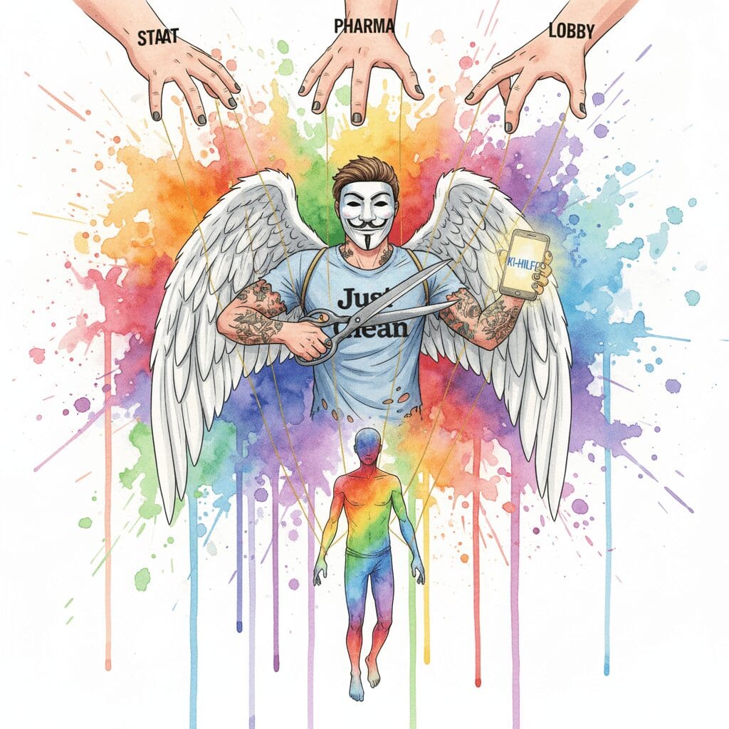 Die NeelixberliN-Figur befreit eine Marionette von den Fäden des Staates und der Lobby. Symbol für Selbstermächtigung.