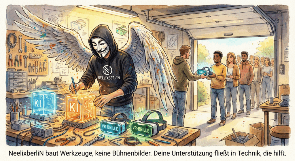 NeelixberliN baut in einer Werkstatt digitale Hilfsmittel (KI, VR) für Süchtige, statt auf einer Bühne zu stehen. Symbol für arbeitende Hilfe.