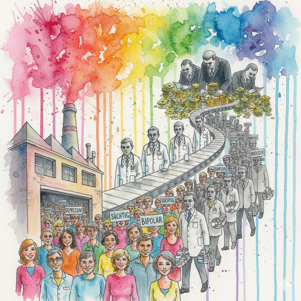 Eine Fabrik, in der Ärzte Menschen Stempel mit Diagnosen aufdrücken, während Geschäftsleute Geld zählen. Symbol für die Pathologisierung normalen Verhaltens.