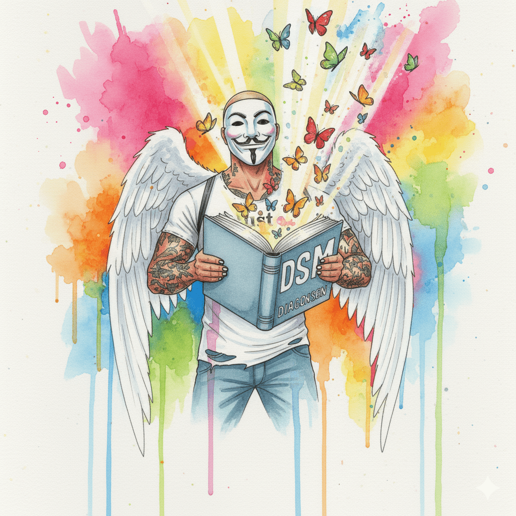 Die NeelixberliN-Figur zerreißt das Diagnose-Buch und befreit sich. Symbol für die Rückgewinnung der eigenen Identität jenseits von Labels.