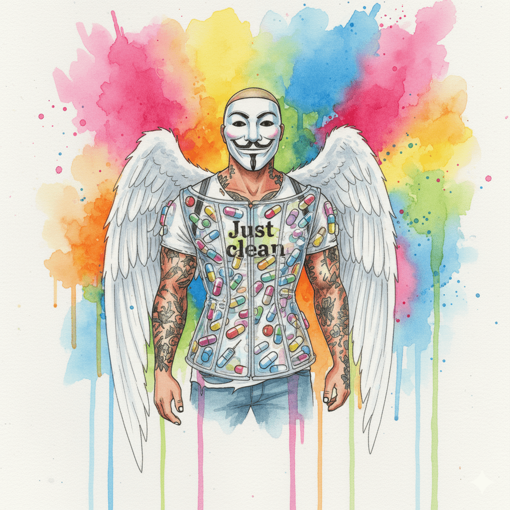 Die NeelixberliN-Figur gefangen in einem Korsett aus Pillen. Symbol für die einschränkende Wirkung von Psychopharmaka.