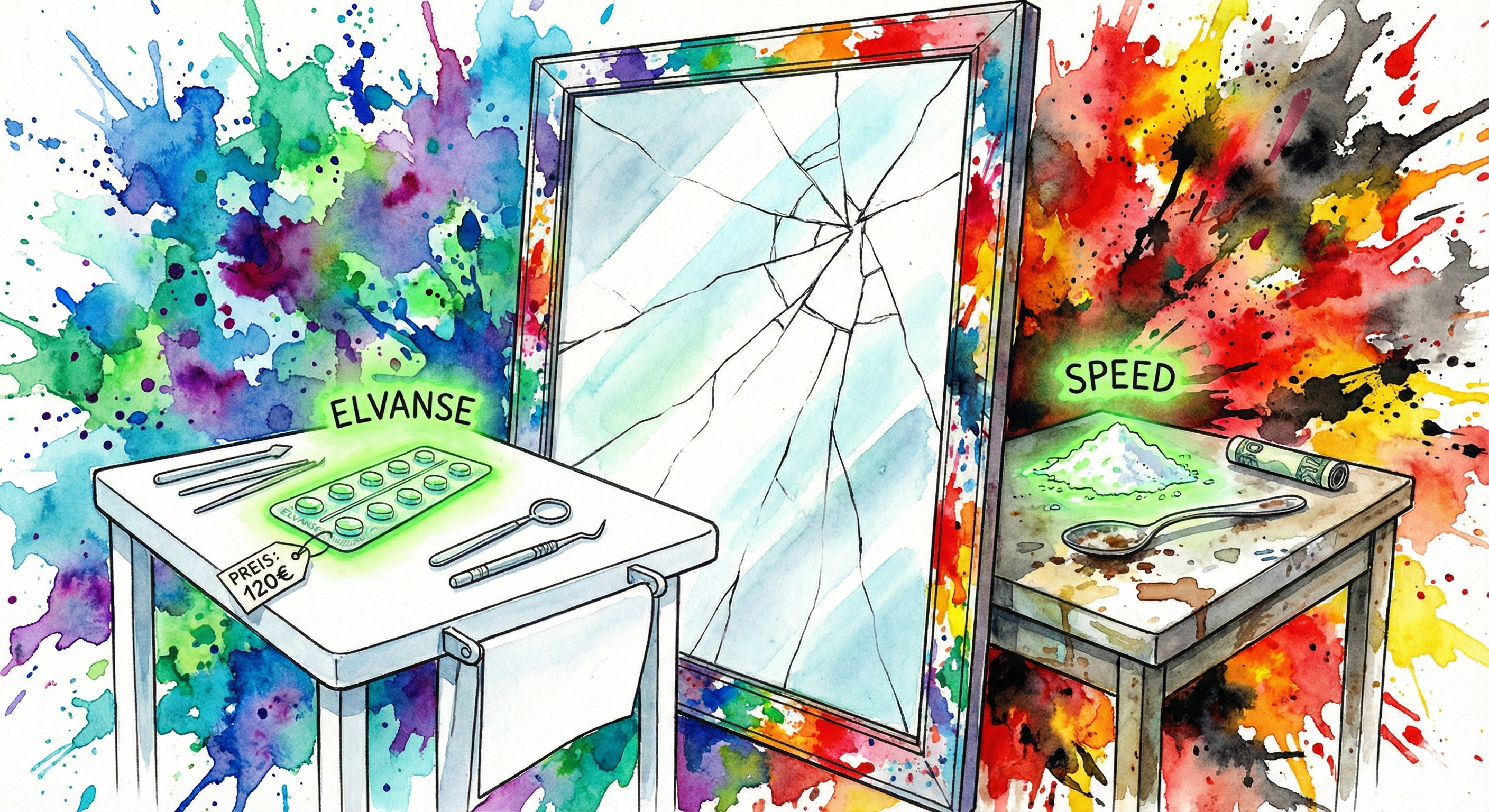 Elvanse auf dem Arzttisch spiegelt sich als Speed-Pulver auf der Straße. Symbol für die chemische Ähnlichkeit und die gesellschaftliche Doppelmoral.