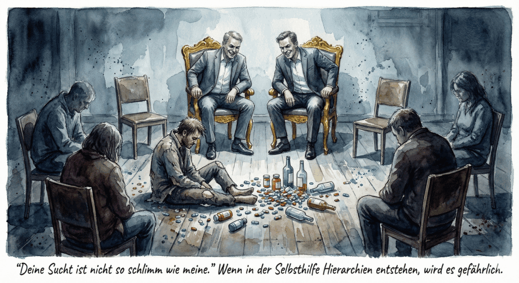 Zwei Figuren in einer Selbsthilfegruppe lachen herablassend auf einen polytoxen Süchtigen am Boden. Symbol für Arroganz und fehlende Empathie in der Suchthilfe.