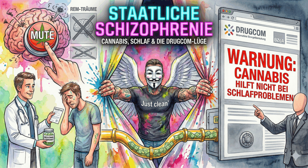 Titelbild "Staatliche Schizophrenie". Die NeelixberliN-Figur enthüllt den Widerspruch: Links verschreibt ein Arzt Cannabis zum Schlafen, rechts warnt Drugcom davor. Dahinter fließt das Steuergeld in die Staatskasse.