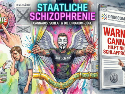 Titelbild "Staatliche Schizophrenie". Die NeelixberliN-Figur enthüllt den Widerspruch: Links verschreibt ein Arzt Cannabis zum Schlafen, rechts warnt Drugcom davor. Dahinter fließt das Steuergeld in die Staatskasse.