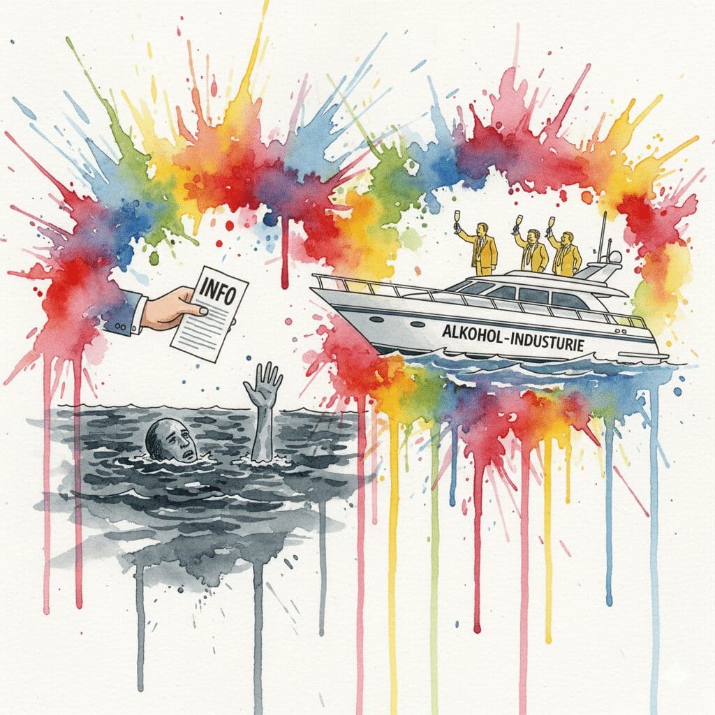 Ein Ertrinkender bekommt eine Broschüre statt Hilfe, während im Hintergrund die Industrie feiert. Symbol für ineffektive Prävention.