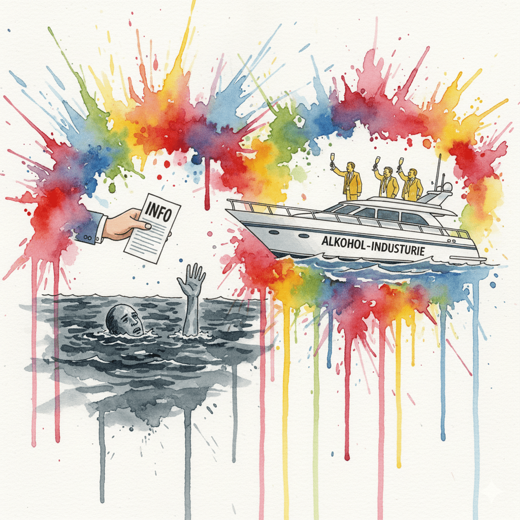 Ein Ertrinkender bekommt eine Broschüre statt Hilfe, während im Hintergrund die Industrie feiert. Symbol für ineffektive Prävention.