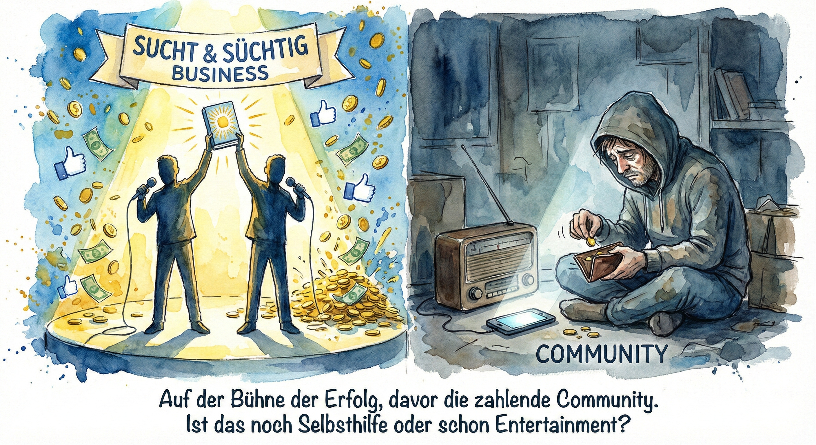 Links erfolgreiche Podcaster auf der Bühne im Geldregen, rechts ein einsamer Zuhörer, der per Handy spendet. Symbol für das Ungleichgewicht zwischen Business und Community.