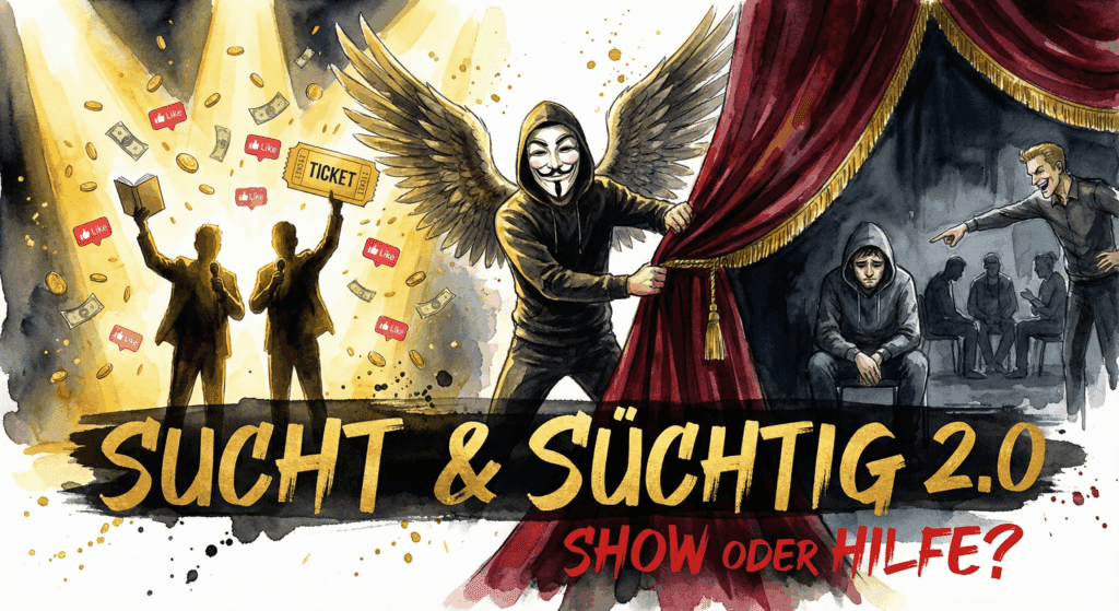 Titelbild "Sucht & Süchtig Kritik". NeelixberliN enthüllt den Kontrast zwischen der glänzenden Podcast-Bühne und der arroganten Realität in der Selbsthilfegruppe.