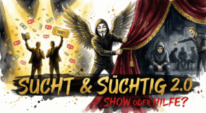 Titelbild "Sucht & Süchtig Kritik". NeelixberliN enthüllt den Kontrast zwischen der glänzenden Podcast-Bühne und der arroganten Realität in der Selbsthilfegruppe.