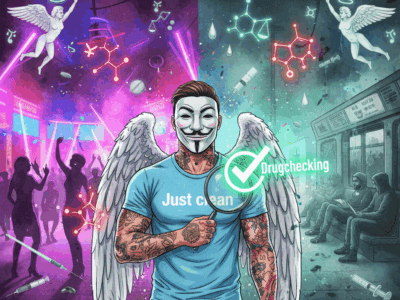 Titelbild "SUCHTBERATUNG BERLIN". Die NeelixberliN-Figur hält eine Lupe vor die geteilte Skyline von Berlin (Techno-Club vs. Kotti/U8). GBL-, Fentanyl- und ein leuchtendes Drugchecking-Symbol schweben im Bild.