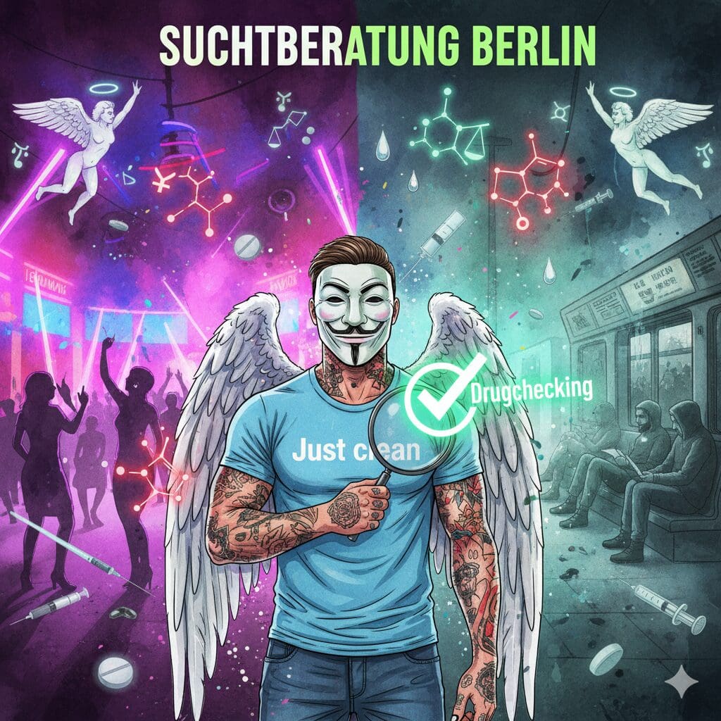 Titelbild "SUCHTBERATUNG BERLIN". Die NeelixberliN-Figur hält eine Lupe vor die geteilte Skyline von Berlin (Techno-Club vs. Kotti/U8). GBL-, Fentanyl- und ein leuchtendes Drugchecking-Symbol schweben im Bild.