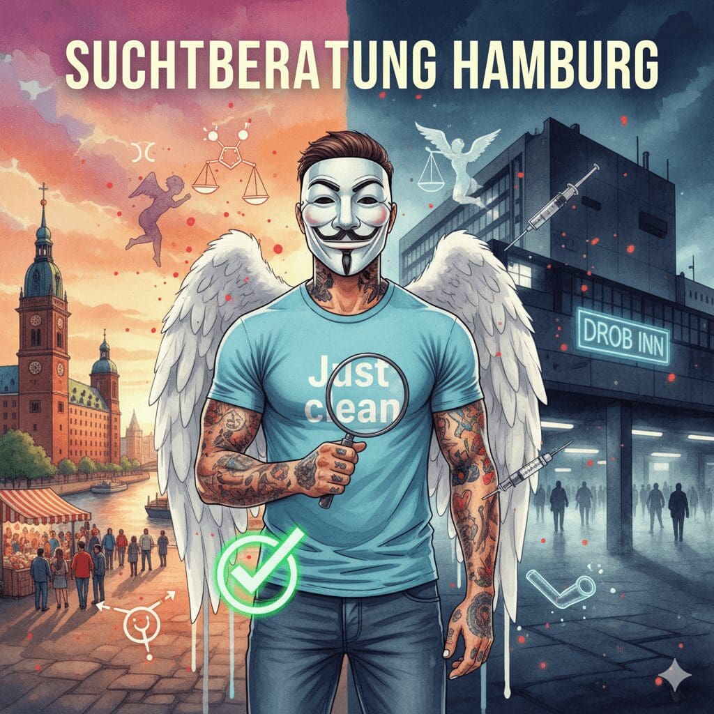 Titelbild "SUCHTBERATUNG HAMBURG". Die NeelixberliN-Figur hält eine Lupe vor die geteilte Skyline von Hamburg (Reeperbahn vs. Drob Inn am HBF). Crack-, Fentanyl- und ein leuchtendes Drugchecking-Symbol schweben im Bild.