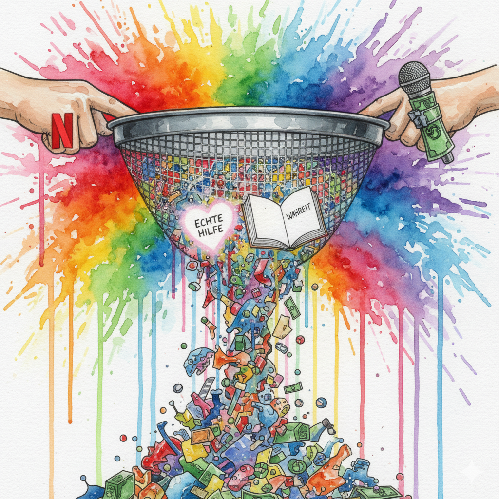 Ein Algorithmus-Filter (gehalten von Netflix/Rappern) lässt glamourösen Müll durch, aber blockiert "Echte Hilfe" und "Wahrheit". Symbol für die Algorithmus-Lüge.