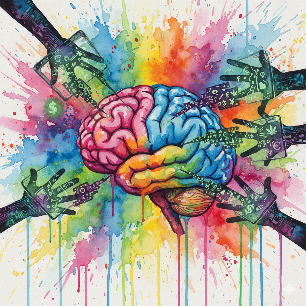 Ein junges Gehirn wird von Händen aus Bildschirmen "gehackt". Symbol für die psychologische Manipulation und das Priming durch Medien.