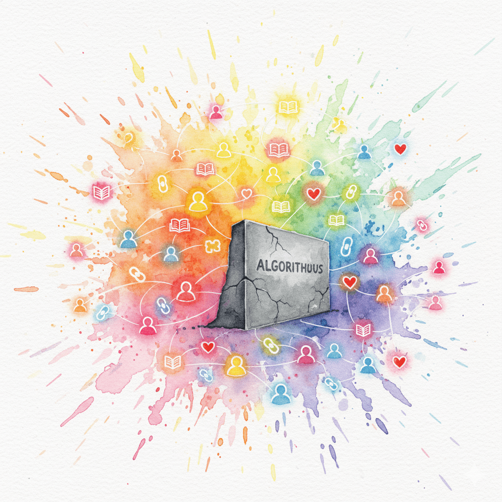 Ein Netzwerk von Menschen teilt Wissen und umgeht so die Algorithmus-Mauer. Symbol für die Community als Lösung gegen Zensur.