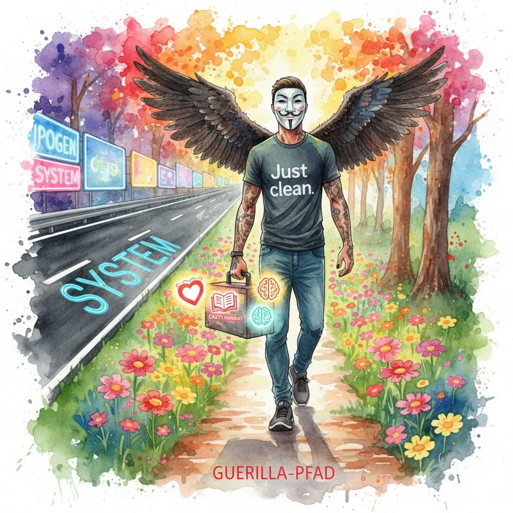 Die NeelixberliN-Figur auf einem schmalen Guerilla-Pfad, der die Autobahn des Systems meidet. Symbol für den individuellen, autarken Recovery-Weg.