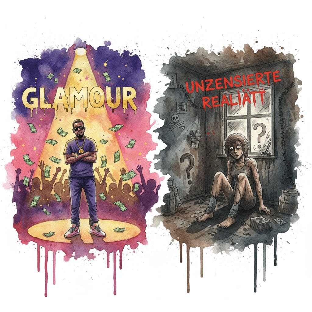 Geteiltes Bild: Links ein glamouröser Rapper, rechts ein paranoider Süchtiger. Symbol für die Lüge der Drogenverherrlichung durch Haftbefehl.
