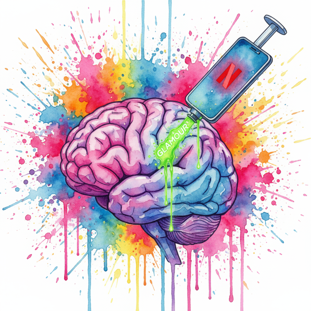 Ein Smartphone als Spritze, das einem Gehirn "Glamour" injiziert. Symbol für die Verherrlichung von Drogen durch Medien wie die Netflix Haftbefehl-Doku.
