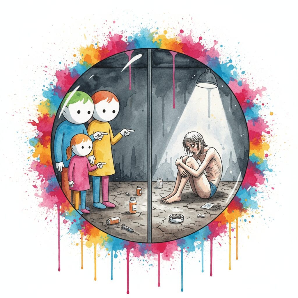 Eine Familie im Zoo-Stil starrt auf eine süchtige Person hinter Glas. Symbol für den Voyeurismus und die Armutspornografie von Dokus wie "Hartes Deutschland".