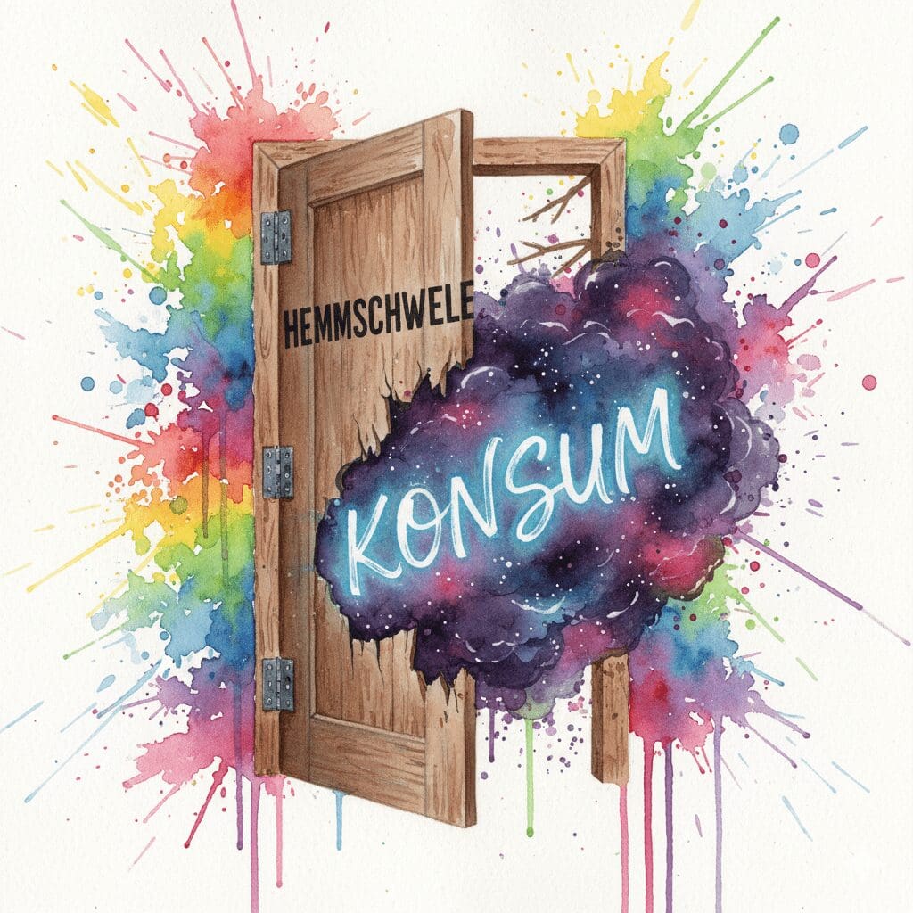 Eine eingetretene Tür mit der Aufschrift "HEMMSCHWELLE". Symbol für die Normalisierung von Drogen durch Medien, die den Einstieg erleichtert.