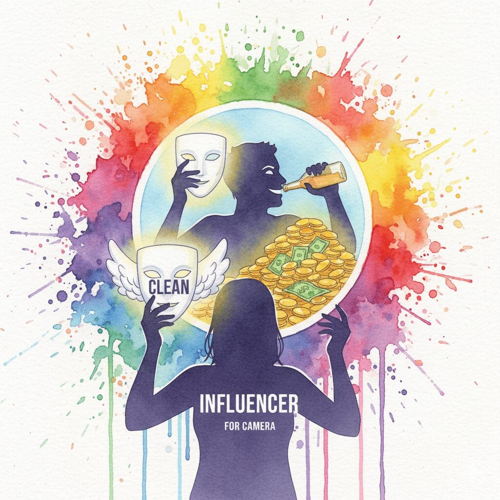 Ein Influencer hält eine "cleane" Maske zur Kamera, während sein Spiegelbild die heuchlerische Wahrheit von Konsum und Gier zeigt. Symbol für die Influencer-Lüge.