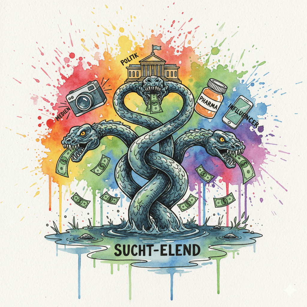 Eine vielköpfige Hydra, deren Köpfe (Medien, Politik, Pharma, Influencer) Geld aus einem Sumpf fressen. Symbol für den Kreislauf des Profits in der Sucht-Industrie.