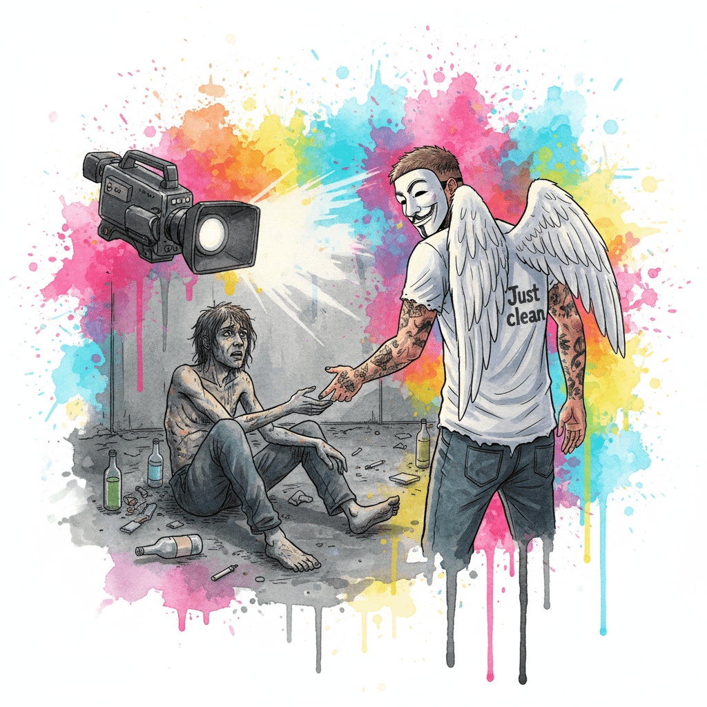 Die NeelixberliN-Figur blockiert eine Kamera und hilft stattdessen einer Person am Boden auf. Symbol für echte Hilfe statt Voyeurismus.