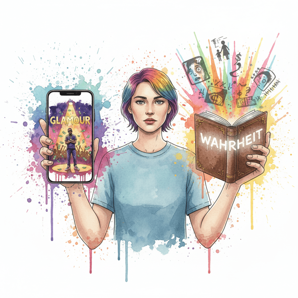 Ein Buch der Wahrheit überlagert und entlarvt ein glamouröses Drogen-Bild auf einem Smartphone. Symbol für unzensierte Aufklärung.