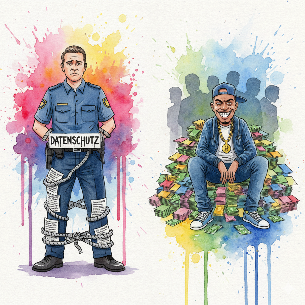 Ein Polizist ist von "Datenschutz"-Paragraphen gefesselt, während ein Dealer lachend im Geld sitzt. Symbol für das Versagen der Justiz im Drogenkrieg.