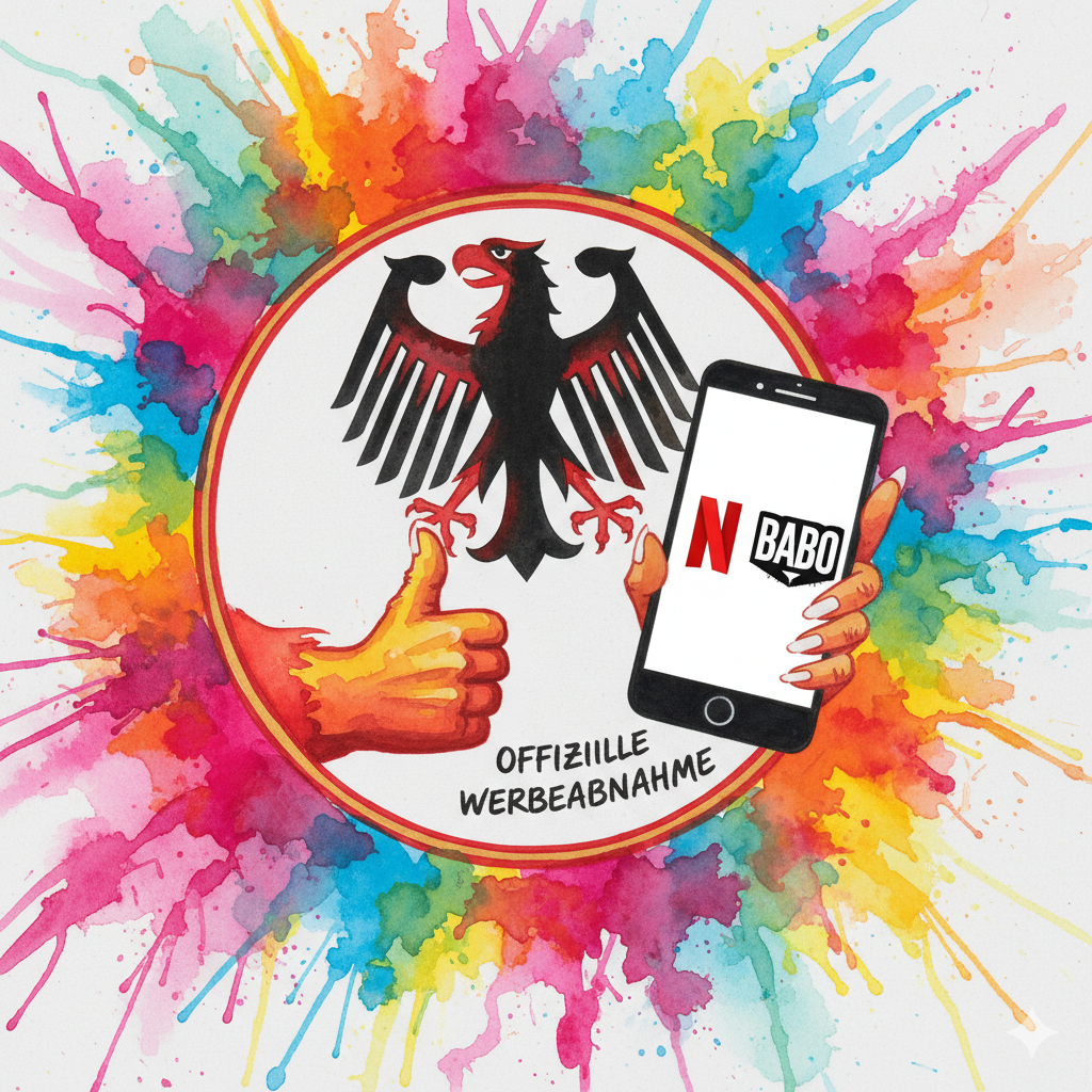 Ein offizielles deutsches Symbol gibt einen "Daumen hoch" für die Netflix-Doku "Babo". Symbol für die unkritische Werbung durch Hendrik Streeck.