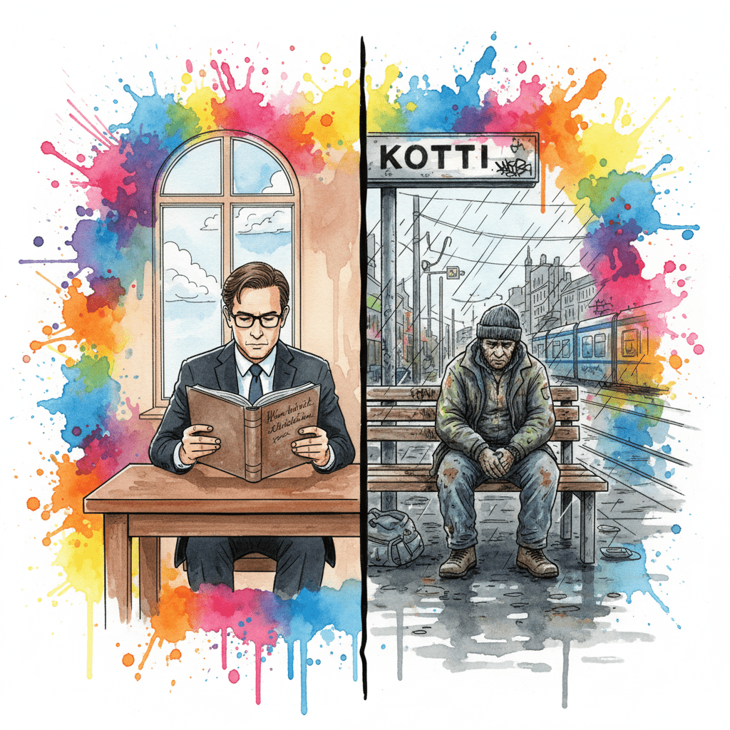 Geteiltes Bild: Links ein Theoretiker im Elfenbeinturm, rechts ein Süchtiger in der Realität am Kotti. Symbol für den Unterschied zwischen Lehrbuchwissen und gelebter Erfahrung.